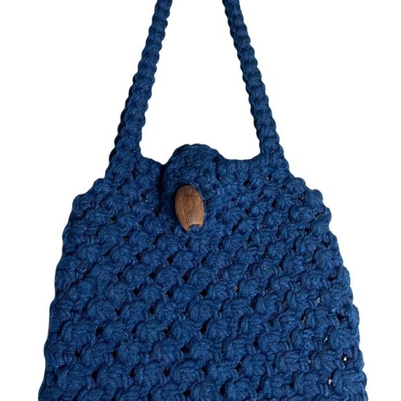 Vintage Crochet Handcrafted Wood Button Blue Handbag 1970s - Picture 4 of 11